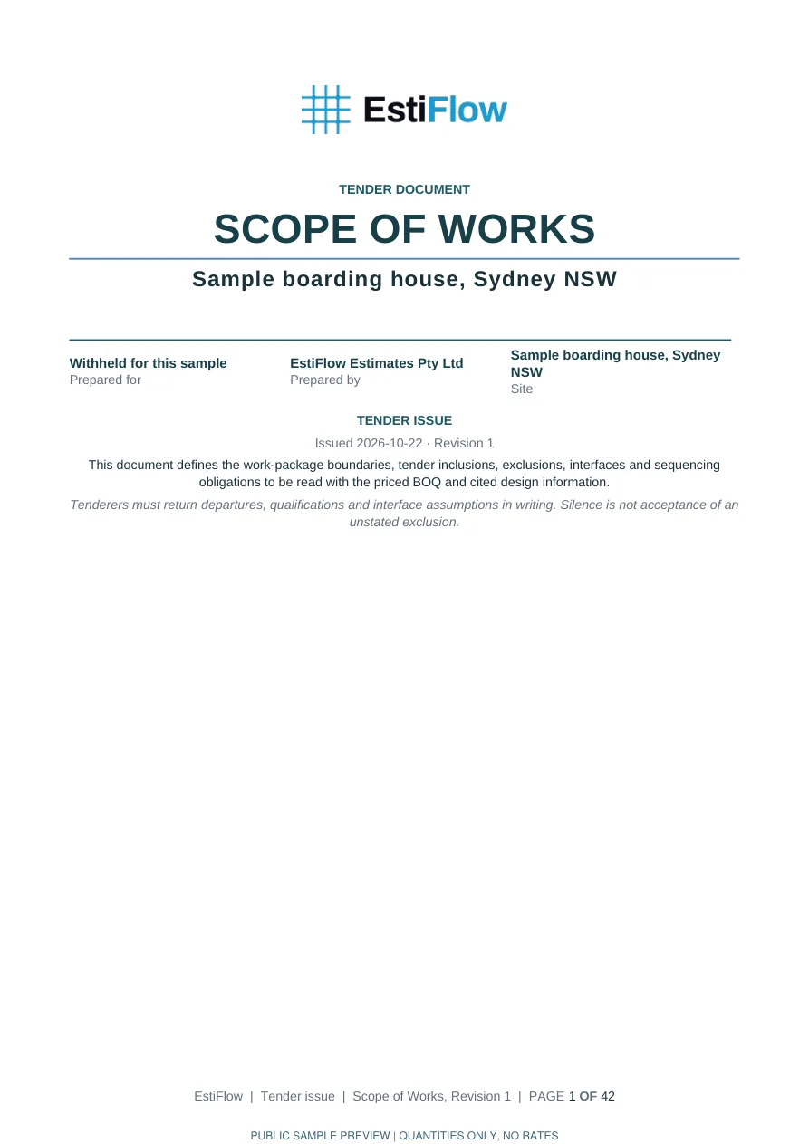 Boarding house, Sydney NSW scope of works, page 1 of 4, detailed pricing withheld