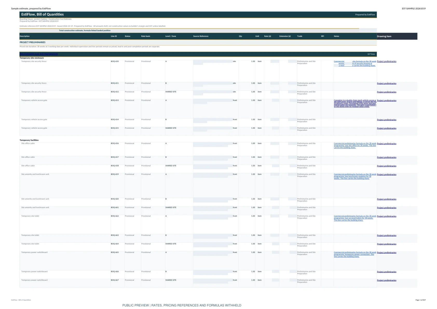 Boarding house, western Sydney Bill of Quantities worksheet, page 1, sensitive pricing masked