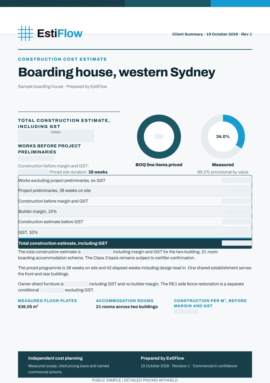 Boarding house, western Sydney client summary, page 1 of 5, detailed pricing withheld