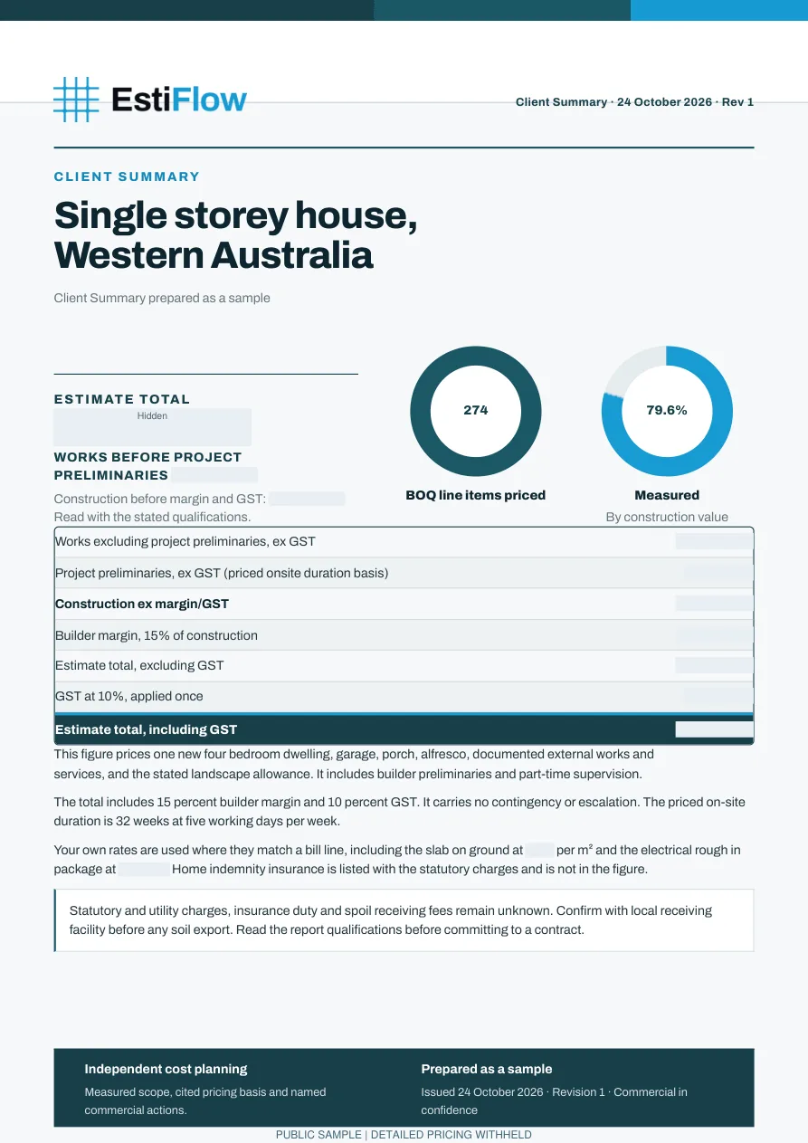 Single storey house client summary, page 1 of 5, detailed pricing withheld