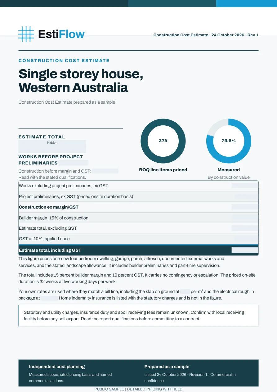 Single storey house cost report, page 1 of 8, detailed pricing withheld