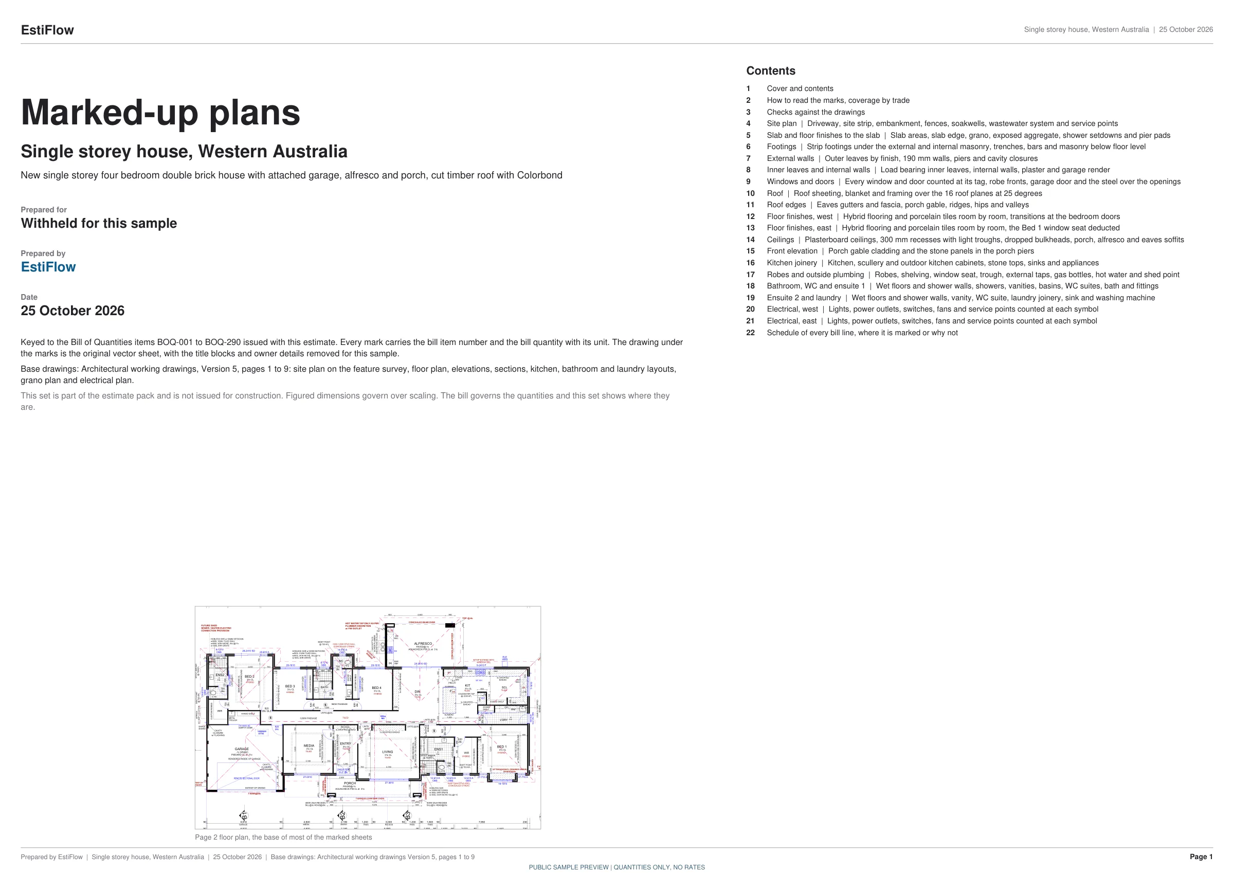 Single storey house marked-up plans, page 1 of 7