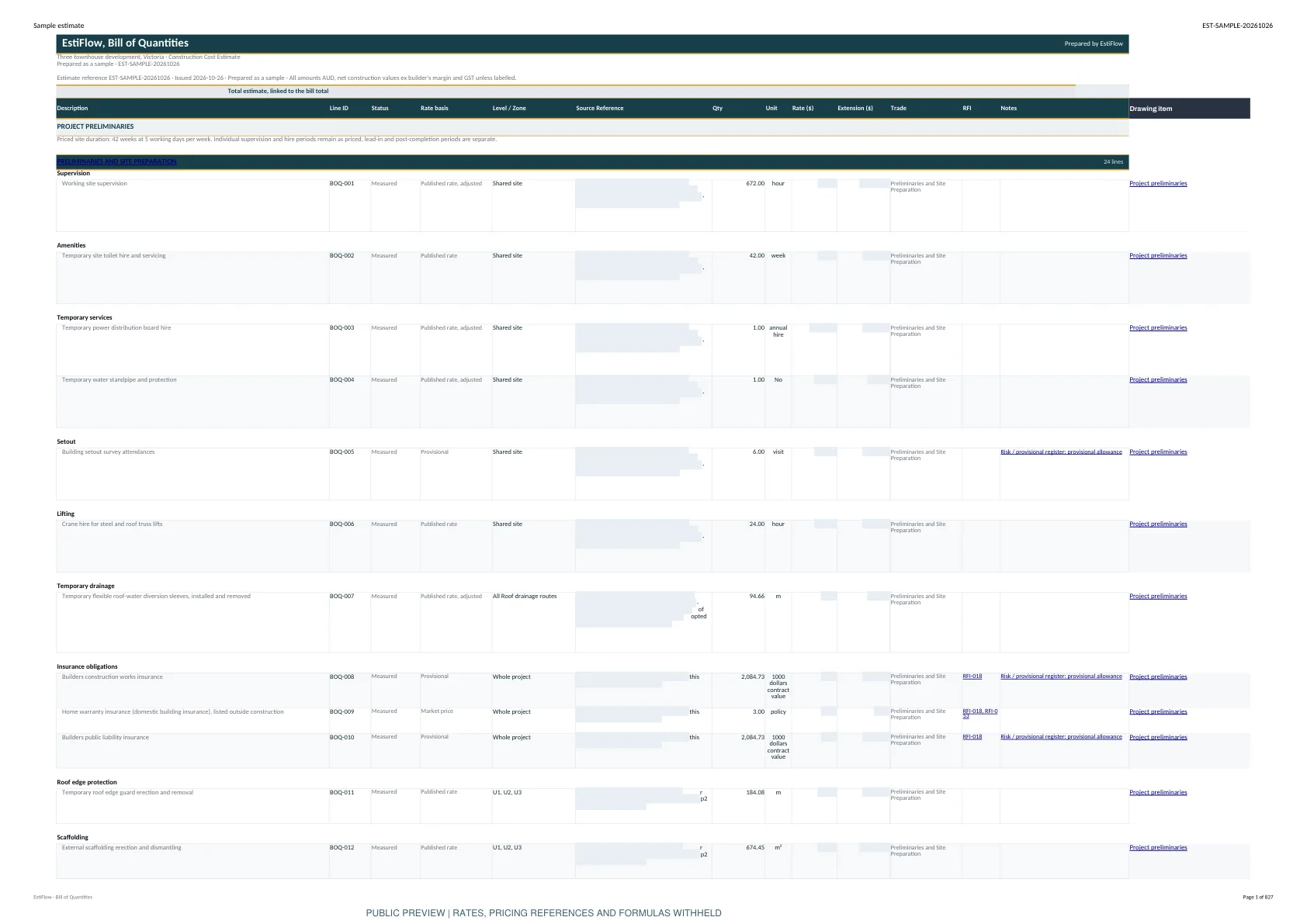Three townhouses, Victoria Bill of Quantities worksheet, page 1, sensitive pricing masked