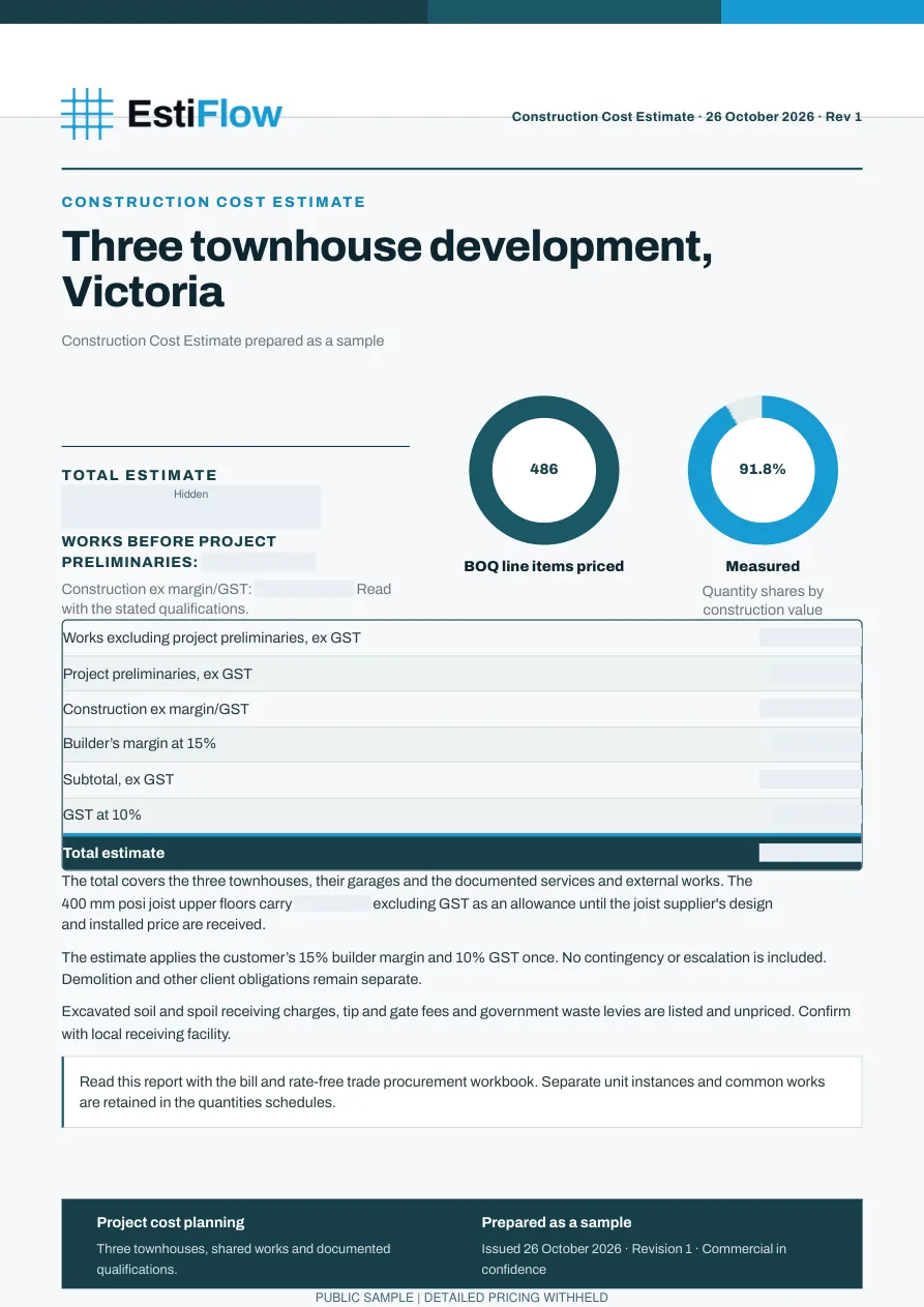 Three townhouses, Victoria cost report, page 1 of 8, detailed pricing withheld