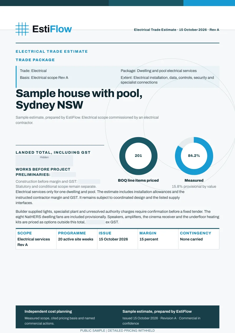 Electrical trade pack client summary, page 1 of 5, detailed pricing withheld